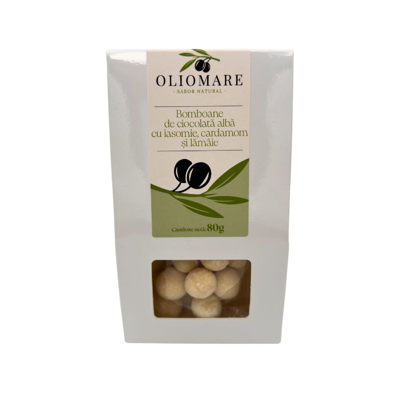 Bomboane de ciocolată albă cu iasomie, cardamom și lămâie, 80g